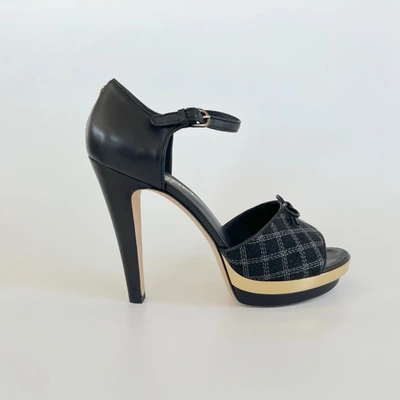 Pre-owned Chanel Black Checkered Embroidered Canvas Peep Toe Platform Slingback, 40.5 C In Default Title
