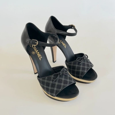 Pre-owned Chanel Black Checkered Embroidered Canvas Peep Toe Platform Slingback, 40.5 C In Default Title