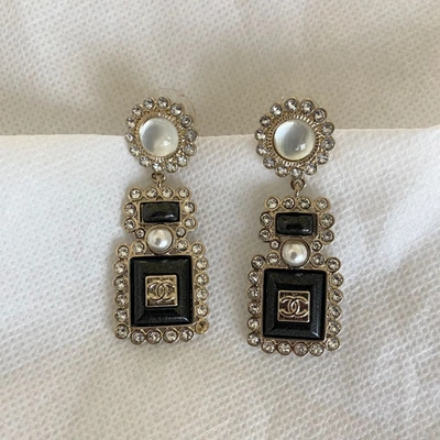 Pre-owned Chanel Black Pearl No5 Perfume Bottle Drop Large Crystal Border  Earrings In Default Title