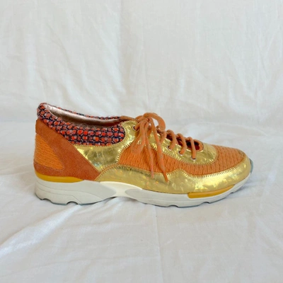 Pre-owned Chanel Orange And Gold Low Top Lace Up Sneakers, 41 In Default Title