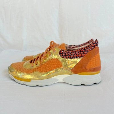 Pre-owned Chanel Orange And Gold Low Top Lace Up Sneakers, 41 In Default Title
