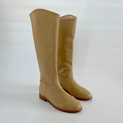 Pre-owned Chanel Tan Leather Knee High Boots With Cc Stitch Detail, 39c In Default Title