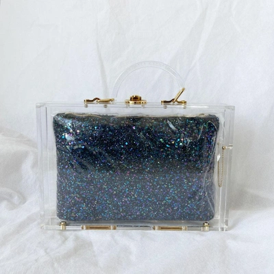 Pre-owned Charlotte Olympia Clear Acrylic Box Clutch With Blue Glittery Zip Pouch In Brand New-no Tags / 17 X 24.5 Cm / Clear