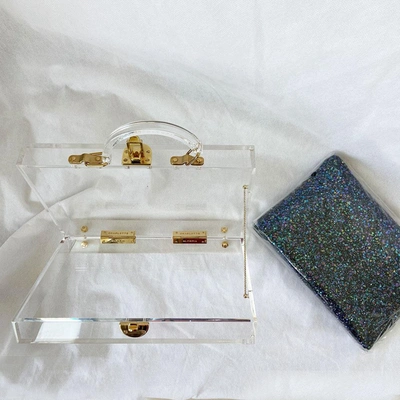 Pre-owned Charlotte Olympia Clear Acrylic Box Clutch With Blue Glittery Zip Pouch In Brand New-no Tags / 17 X 24.5 Cm / Clear