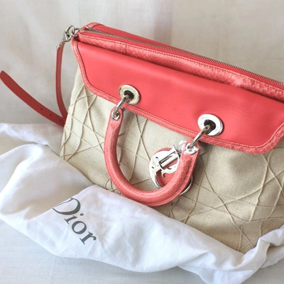 Pre-owned Dior Christian  Beige Canvas With Pink Python Leather Trim, In Default Title
