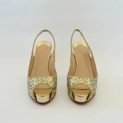 Pre-owned Christian Louboutin Gold Glitter Peep Toe Sling Back Pumps, 37.5 In Default Title