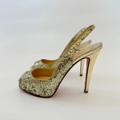 Pre-owned Christian Louboutin Gold Glitter Peep Toe Sling Back Pumps, 37.5 In Default Title