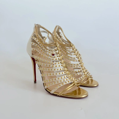 Pre-owned Christian Louboutin White/gold Spiked Leather Millaclou Cage Sandals, 37 In Default Title