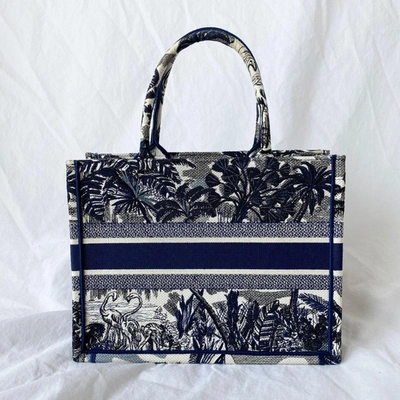 Pre-owned Dior Embroidered Palm Tree Toile De Jouy Canvas Book Tote Blue In Used / Small / Blue