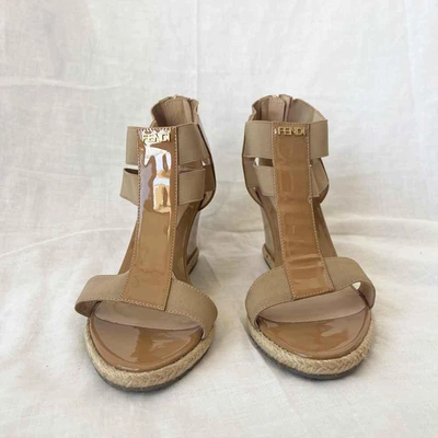 Pre-owned Fendi Nude Patent Leather Wedge Sandals, 37 In Used / 37 / Nude