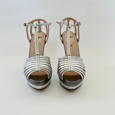 Pre-owned Fendi Silver Leather Cage Peep Toe Ankle Strap Sandals, 38 In Default Title
