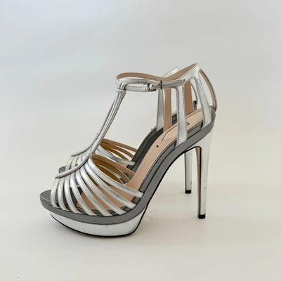 Pre-owned Fendi Silver Leather Cage Peep Toe Ankle Strap Sandals, 38 In Default Title