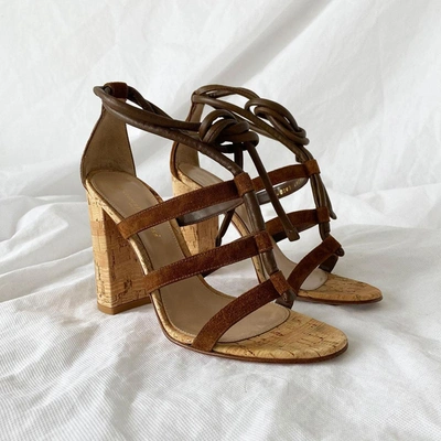 Pre-owned Gianvito Rossi Leather & Suede Block Cork Heel Sandals, 36.5 In Used / 36.5 / Brown