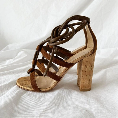 Pre-owned Gianvito Rossi Leather & Suede Block Cork Heel Sandals, 36.5 In Used / 36.5 / Brown