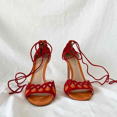 Pre-owned Gianvito Rossi Red/orange Suede Ankle Tie Sandals In Used / 39 / Red And Orange