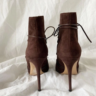 Pre-owned Gianvito Rossi Peep Toe Lace Up Suede Booties, 41 In Used / 41 / Brown