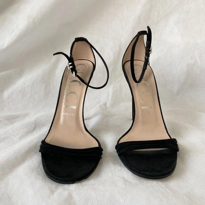 Pre-owned Gucci Black Gg Crystal Logo High Heel Suede Sandals, 38 In Default Title