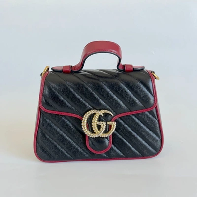 Pre-owned Gucci Black/red Diagonal Quilt Leather Mini Gg Marmont Bag In Default Title