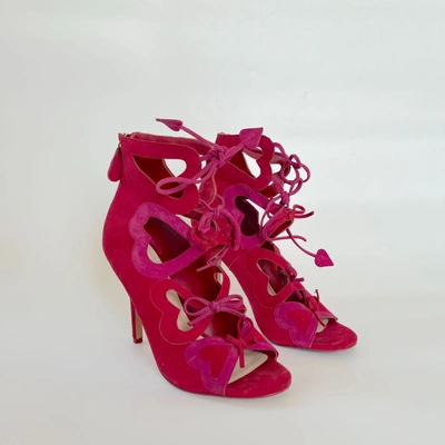 Pre-owned Isa Tapia Pink And Red Lace Up Peep Toe Sandal Heels, 37.5 In Default Title