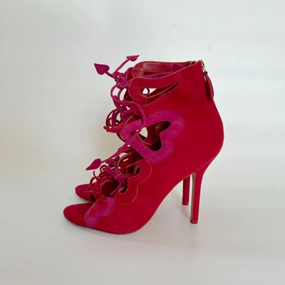 Pre-owned Isa Tapia Pink And Red Lace Up Peep Toe Sandal Heels, 37.5 In Default Title