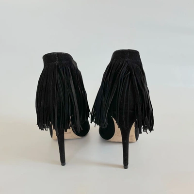 Pre-owned Jimmy Choo Black Suede Peep Toe Fringe Boots, 38 In Default Title