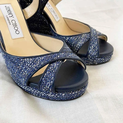Pre-owned Jimmy Choo Blue Fabric Criss Cross Wedge Sandals, 38 In Used / 38 / Blue