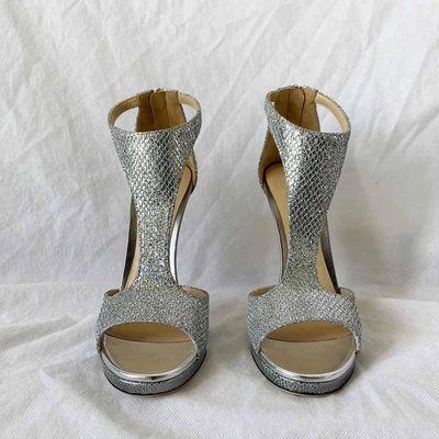 Pre-owned Jimmy Choo Silver Glitter ‘lana' T-strap 100mm Sandals, 41 In Used / 41 / Silver