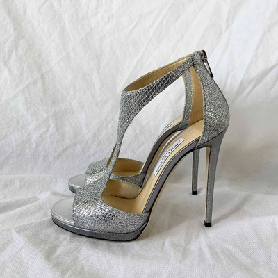 Pre-owned Jimmy Choo Silver Glitter ‘lana' T-strap 100mm Sandals, 41 In Used / 41 / Silver