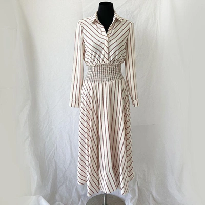 Pre-owned Maje Striped Long Sleeve Dress With Pleated Detail At Waist In Used / 1 / White