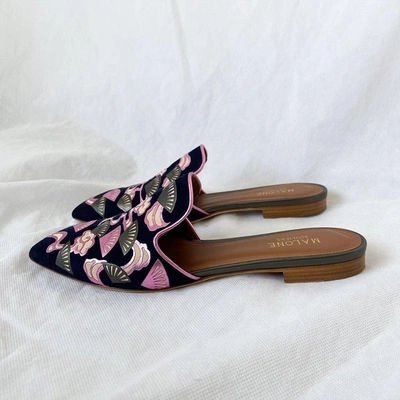 Pre-owned Malone Souliers Printed Pointed Toe Mules, 36.5 In Used / 36.5 / Navy Blue