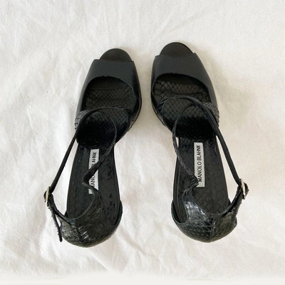 Pre-owned Manolo Blahnik Peep Toe Python Sandal Heels, 41 In Used / 41 / Black