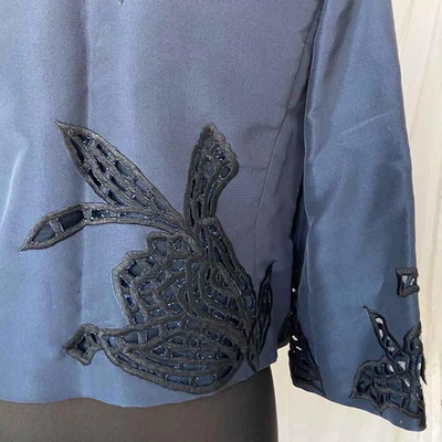 Pre-owned Oscar De La Renta Blue Embroidered Crop Coat In Used / Us4 / Dark Blue