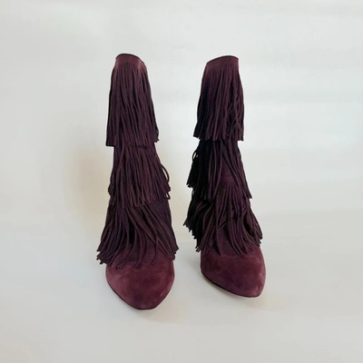 Pre-owned Paul Andrew Fringe Burgundy Suede Boots, 37.5 In Default Title