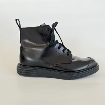 Pre-owned Prada Black Leather Ankle High Lace Boots, 39.5 In Default Title