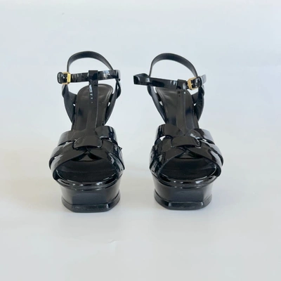 Pre-owned Saint Laurent Black Patent Leather Tribute Sandal Heels, 39 In Default Title