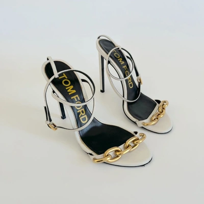 Pre-owned Tom Ford White Sandal Heels With Chunky Gold Chain Toe Strap, 39 In Default Title