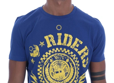 Shop Frankie Morello Blue Cotton Riders Crewneck Men's T-shirt