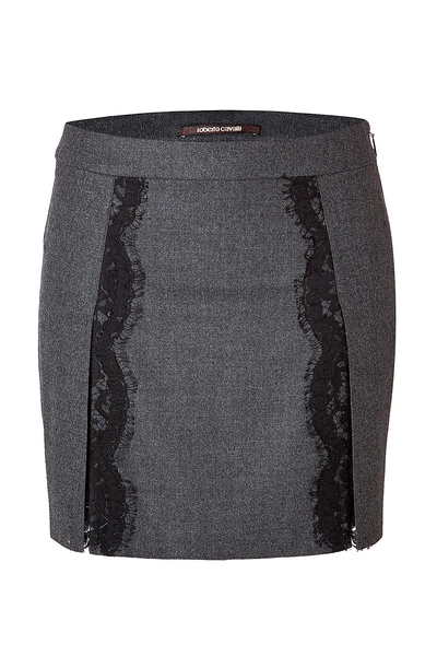 Roberto Cavalli Stretch Wool Mini-skirt With Lace In Dark Heather Grey In Lead