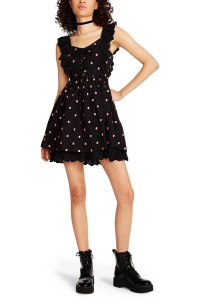 Shop Betsey Johnson Embroidered Daisy Cap Sleeve Dress In Black/ Pink