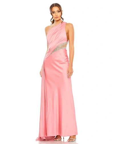 Shop Mac Duggal One Shoulder Embellished Satin Gown In Coral