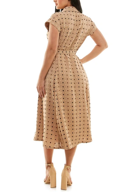 Shop Nina Leonard Swiss Dot Cap Sleeve Midi Shirtdress In Camel Multi