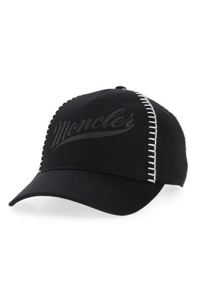 Shop Moncler Whipstitch Detail Logo Cotton Baseball Cap In Black