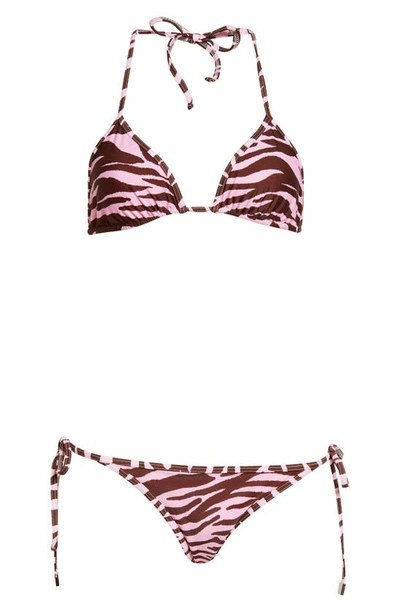 Shop Attico Zebra Print Two-piece Swimsuit In Coffee Pink