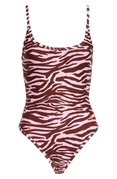 Shop Attico Zebra Print One-piece Swimsuit In Coffee Pink