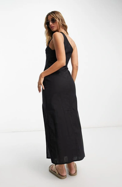 Shop Asos Design One-shoulder Cotton & Linen Sundress In Black