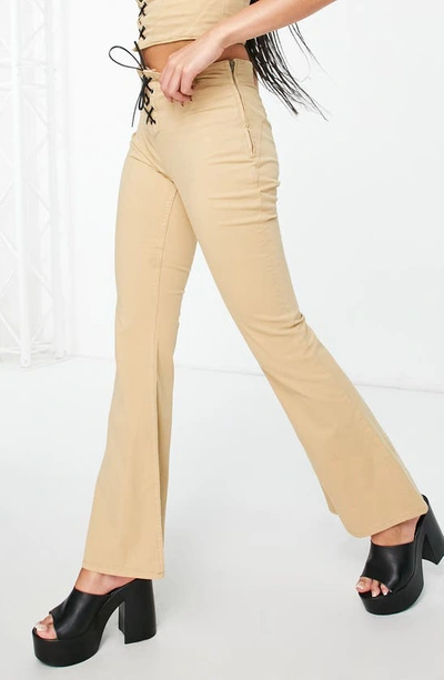 Shop Asos Design Lace-up High Waist Flare Pants In Stone