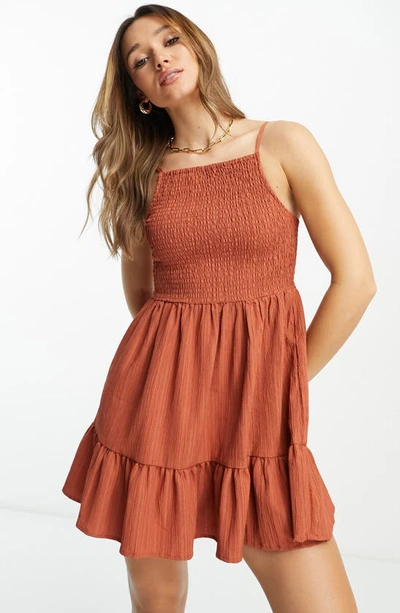 Asos Design Square Neck Shirred Mini Sundress In Rust In Light Burgundy