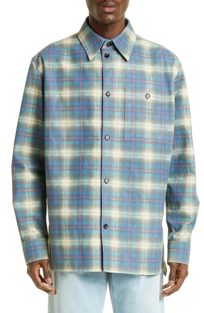 Shop Bottega Veneta Plaid Flannel Print Leather Shirt Jacket In 4116 Multi Light Blue