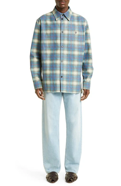 Shop Bottega Veneta Plaid Flannel Print Leather Shirt Jacket In 4116 Multi Light Blue