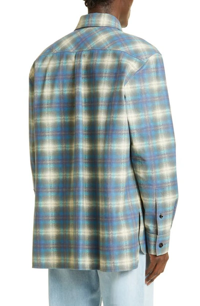 Shop Bottega Veneta Plaid Flannel Print Leather Shirt Jacket In 4116 Multi Light Blue